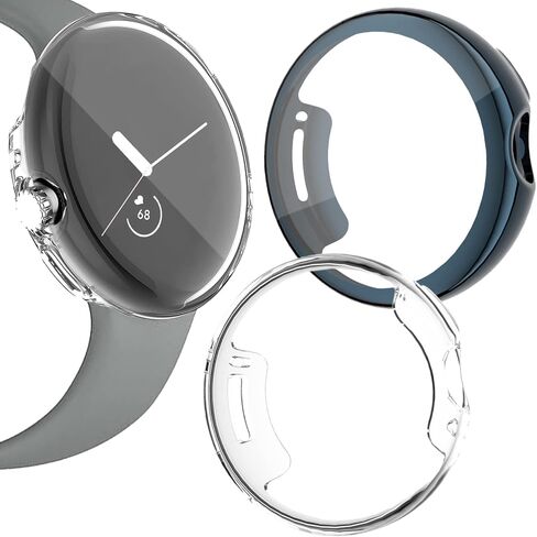 NINKI 2 Pack Cases متوافق مع Google Pixel Watch 2 2023 Case/Pixel Watch 2022 Case Screen Protector (شفاف + أسود)، حافظة واقية ناعمة ورقيقة لمصد ساعة Pixel، حامي لغطاء Pixel Watch 2 in Saudi Arabia