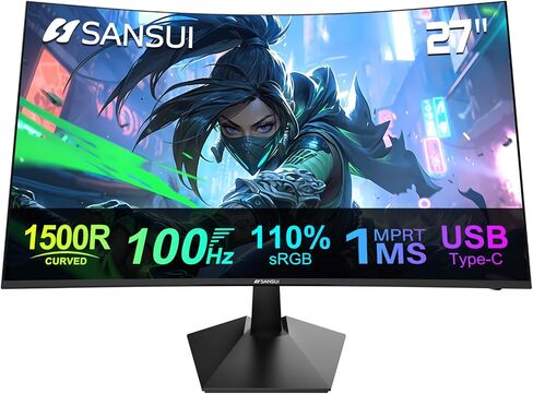 SANSUI Curved Monitor 27 inch 100Hz USB Type-C Computer Monitor with Speakers Built in丨FHD 1080p丨HDR丨110% sRGB丨1500R丨VESA Compatible,for Tablet,Desktop,Laptop and PC Work Gaming (ES-27C1) in Kuwait