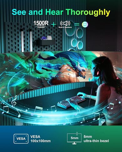 SANSUI Curved Monitor 27 inch 100Hz USB Type-C Computer Monitor with Speakers Built in丨FHD 1080p丨HDR丨110% sRGB丨1500R丨VESA Compatible,for Tablet,Desktop,Laptop and PC Work Gaming (ES-27C1) in Kuwait
