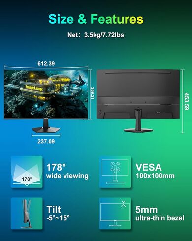 SANSUI Curved Monitor 27 inch 100Hz USB Type-C Computer Monitor with Speakers Built in丨FHD 1080p丨HDR丨110% sRGB丨1500R丨VESA Compatible,for Tablet,Desktop,Laptop and PC Work Gaming (ES-27C1) in Kuwait