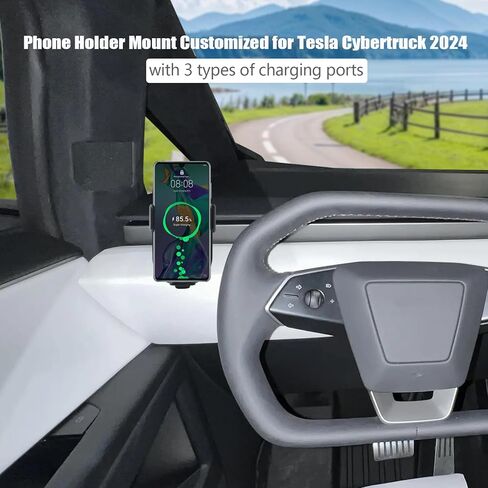 حامل هاتف لملحقات Tesla Cybertruck حامل هاتف متوافق مع Tesla Cybertruck 2024 حامل شاحن سيارة لاسلكي بقدرة 15 وات مع منفذ USB صغير ومنفذ USB من النوع C وموصل Lightning، مشبك in Kuwait