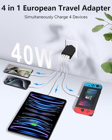 محول قابس السفر الأوروبي USB C، 40 واط 4 منافذ الاتحاد الأوروبي شاحن السفر نوع C جدار شحن سريع كتلة الولايات المتحدة إلى أوروبا التوصيل محول الطاقة لفون 16 15 14 13 12 11 برو ماكس XS X، سامسونج، إل جي، الكمبيوتر اللوحي، أندرويد in Kuwait