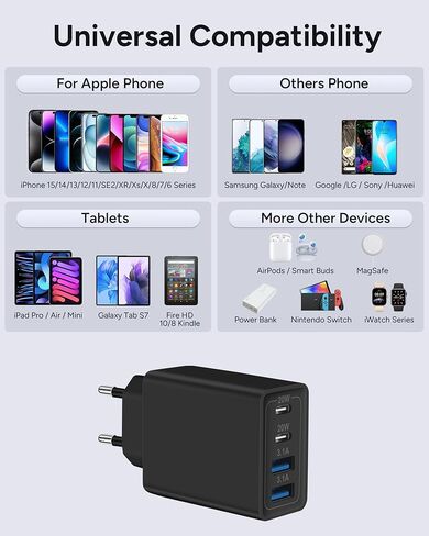 محول قابس السفر الأوروبي USB C، 40 واط 4 منافذ الاتحاد الأوروبي شاحن السفر نوع C جدار شحن سريع كتلة الولايات المتحدة إلى أوروبا التوصيل محول الطاقة لفون 16 15 14 13 12 11 برو ماكس XS X، سامسونج، إل جي، الكمبيوتر اللوحي، أندرويد in Kuwait