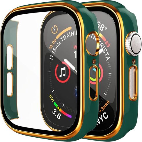 [عبوة من قطعتين] حافظة صلبة من البولي كربونات مع واقي شاشة من الزجاج المقوى متوافق مع حافظة ساعة أبل 41 ملم السلسلة 7، غطاء حماية شامل مقاوم للخدش للنساء والرجال والأطفال وإكسسوارات iWatch باللون الأخضر in Kuwait
