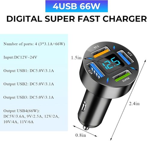 Augeny USB C Car Charger, 4 Port Auto Fast Charger with USB PD & QC 3.0, Cigarette Lighter USB Automotive Adapter Compatible with Most Mobile Cell Phone, Car Accessories (PD+QC 3.0) in Kuwait