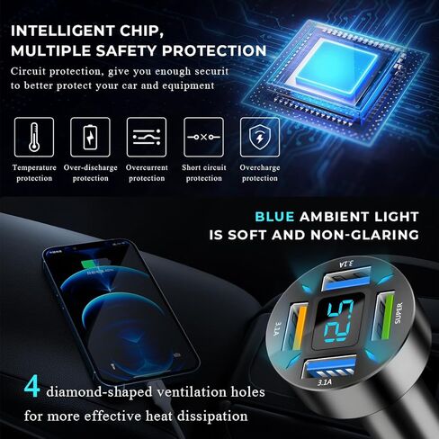 Augeny USB C Car Charger, 4 Port Auto Fast Charger with USB PD & QC 3.0, Cigarette Lighter USB Automotive Adapter Compatible with Most Mobile Cell Phone, Car Accessories (PD+QC 3.0) in Kuwait