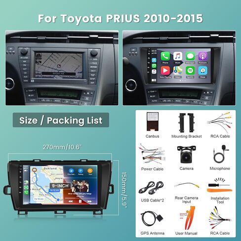 2G+64G Android Car Stereo for Toyota Prius 2010-2015,Wireless Carplay Android Auto Car Radio, 9 inch Touch Screen Head Unit Hi-Fi Bluetooth GPS Navigation WiFi FM SWC AHD Backup Camera Mic in Saudi Arabia