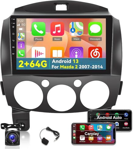 [2+64G] Android 13 Car Radio for Mazda 2 2007-2014 - Wireless Carplay and Android Auto - 9 Inch Touchscreen Car Stereo with Hi-Fi/WiFi/GPS Navigation/SWC + AHD Backup Camera in Saudi Arabia