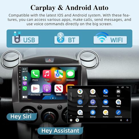 [2+64G] Android 13 Car Radio for Mazda 2 2007-2014 - Wireless Carplay and Android Auto - 9 Inch Touchscreen Car Stereo with Hi-Fi/WiFi/GPS Navigation/SWC + AHD Backup Camera in Saudi Arabia