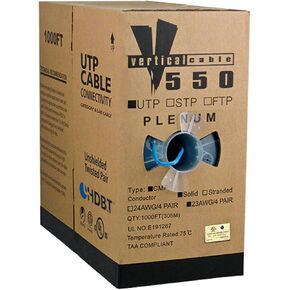 Vertical Cable Cat6, UTP, 23AWG, 8C Solid Bare Copper, Plenum, 1000ft, Blue, Bulk Ethernet Cable