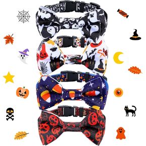 4 Pcs Halloween Dog Collar with Bow Tie Adjustable Basic Dog Collars Soft Comfortable Halloween Dog Cat Collar with Plastic Buckle for Puppy Small Medium Large Dogs Pets(Large)