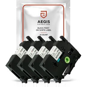 Aegis Adhesives - Label Maker Tape Replacement for Brother TZe Laminated Tape TZE-221 TZ-221 TZe221. 9mm / 0.23 inch White. Compatible Brother P-Touch Printer PT-D210 PT-H110 PT-D400 PT-D600 (4 Pack)