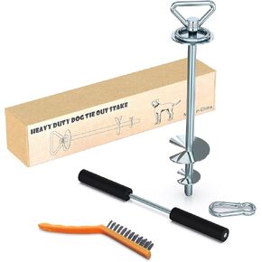 Dog Tie Out Stake-Heavy Duty Quality Dog Stakes,Dog Stake Accommodates 2 Large Dogs,Dog Run Allows Dogs Up to 200lbs to Be Free and Safe On/Camping/Beach/Yard（with Brushe/Stainless Steel Carabiner）