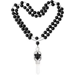 SUNYIK Natural Rose Quartz Spinning Merkaba Star Chakra Pendant Necklace for Women Men, Hexagonal Prisms Stone Point Reiki Healing Crystal Magic Wand, 13.5"-14.5" Strand