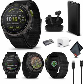 Garmin Enduro 3, Solar, Sapphire Multisport GPS Smartwatch Carbon Gray DLC Titanium with Black Ultrafit Nylon Strap, 90 Days Battery, Built-in LED Flashlight, Fitness Smart Watch Bundle