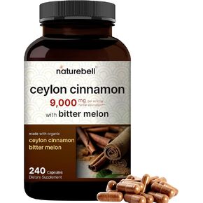 NatureBell Ceylon Cinnamon 1800mg Per Serving, 180 Capsules, Made with Organic Sri Lanka Ceylon Cinnamon and Bitter Melon, 2 in 1 Support, Non-GMO, No Gluten