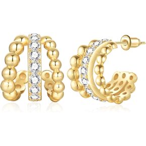 Hoop Earrings for Women, 18K Gold Plated Triple Hoop Earrings, Gold Elegant 3 Claw Earrings, 925 Sterling Silver Hypoallergenic Hoop Earrings, Women's Open Hoop Stud