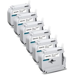 Compatible with Brother M-K231 Label Tape Replacement for Brother P Touch M-K231s MK231 Tape 12mm 0.47" White M231 for Ptouch PT-M95 PT-85 PT-75 PT-65, Black on White, 26.2 Ft, 6 Pack