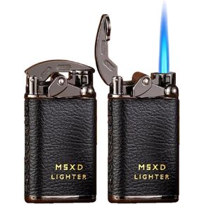 Mini Butane Torch Lighter, Cool Windproof Straight Flame Refillable Lighters, Leather Vintage Metal Rocker Lighter for Candles, Camping (Shipped Without Gas) (Black)