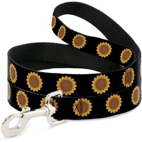 Dog Leash Sunflower Face Repeat Black 4 Feet Long 0.5 Inch Wide