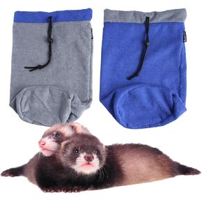 2 Pack Ferret Bath Towel Bag - Fast Drying Absorbent Bathrobe with Adjustable Drawstring Microfiber Towel for Hamster Squirrel Bearded Dragon Rabbit Small Animal Grooming Accessories (Blue+Grey)