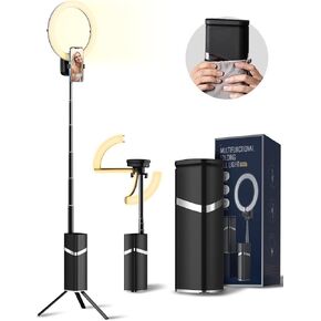 Ring Light with Tripod, Extendable 79" Selife Stand, Rechargeable Wireless Foldable 10'' LED Ring Light with 4000mAh Battery& Phone Holder for Travel/Selfie/Live Stream/Vlog/Makeup/YouTube