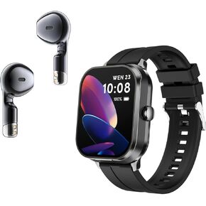 D8Pro 2.01" TFT Smartwatch with Earbuds Smart Watch TWS Wireless Bluetooth Headset Health Monitor Fitness Tracker Bluetooth Call Music Player (Black Silicone)