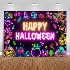 Mocsicka Happy Halloween Backdrop Neon Cartoon Halloween Birthday Party Background Halloween Pumpkin Ghouls Bat Glow in The Dark Kids Neon Halloween Party Decorations Photo Booth Props (5x3ft)