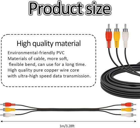 Mozeat Lens RCA كابل فيديو، كابل مركب RCA، كابلات 3rca، كابل كاميرا فيديو Av مطلي بالذهب، كابل صوت فيديو 3.28 قدم RCA 3 ذكر إلى 3 ذكر، كابل صوت فيديو للتلفزيون، كاميرا الفيديو، VCR، DVD، الكمبيوتر اللوحي in Saudi Arabia