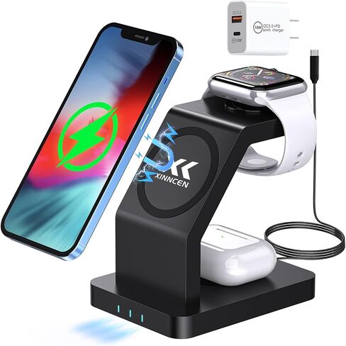 3 in 1 Magnetic Wireless Charger, 15 Watt Fast Charging, Wirelessly Charges Multiple Devices, MagSafe Compatible, for iPhone 14/Pro/Max/Plus/13/12 Series, AirPods 3/2/Pro, iWatch (Qc3.0+PD Adapter) in Saudi Arabia