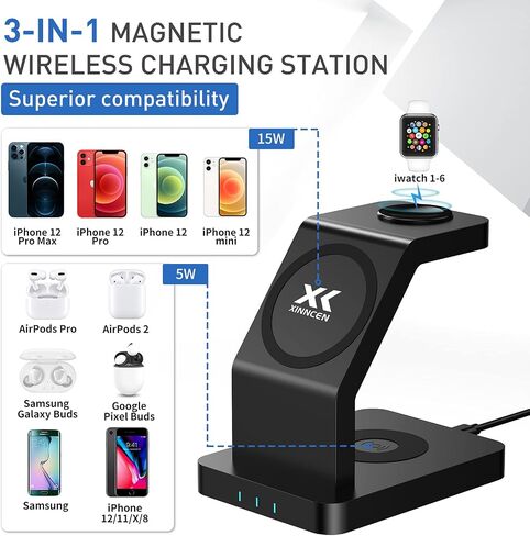 3 in 1 Magnetic Wireless Charger, 15 Watt Fast Charging, Wirelessly Charges Multiple Devices, MagSafe Compatible, for iPhone 14/Pro/Max/Plus/13/12 Series, AirPods 3/2/Pro, iWatch (Qc3.0+PD Adapter) in Saudi Arabia
