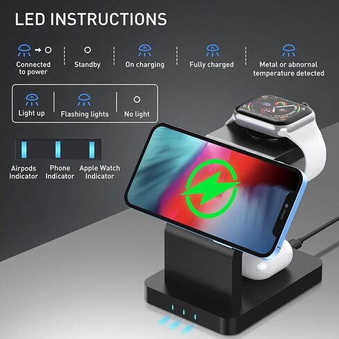 3 in 1 Magnetic Wireless Charger, 15 Watt Fast Charging, Wirelessly Charges Multiple Devices, MagSafe Compatible, for iPhone 14/Pro/Max/Plus/13/12 Series, AirPods 3/2/Pro, iWatch (Qc3.0+PD Adapter) in Saudi Arabia