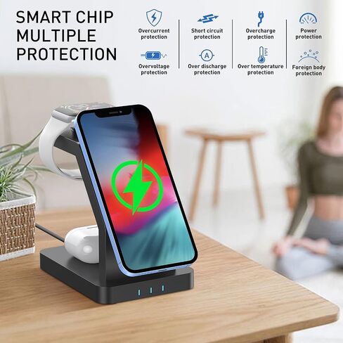 3 in 1 Magnetic Wireless Charger, 15 Watt Fast Charging, Wirelessly Charges Multiple Devices, MagSafe Compatible, for iPhone 14/Pro/Max/Plus/13/12 Series, AirPods 3/2/Pro, iWatch (Qc3.0+PD Adapter) in Saudi Arabia