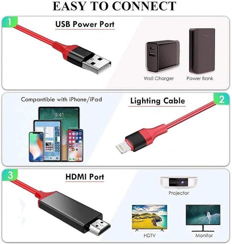 [معتمد من Apple MFi] كابل Apple Lightning إلى HDMI لأجهزة iPhone إلى TV، كابل HDTV 1080P Lightning إلى Digital AV متوافق مع iPhone 14 13 12 11 XS XR X 8 iPad إلى شاشة عرض HDTV، أحمر in Kuwait
