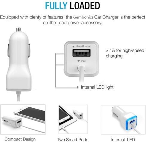 Car Charger, [Apple MFI Certified] by GemDox for Fast Car Charging Compatible with iPhone 15, 14,13, 12, 11, Xs max/XR/x/8/7/6s, iPad, Note, Galaxy with Extra USB Port (White) in Saudi Arabia