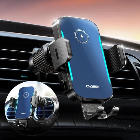 CHGeek Wireless Car Charger, 15W Fast Charging Car Phone Holder Charger Auto-Clamping Air Vent Phone Mount Car Charger with Blue LED Backlit for iPhone 15 14 13 12, Samsung S24 S23 S22, Blue in Saudi Arabia