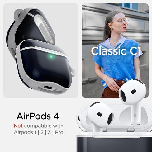 حافظة AirPods 4 بتصميم Ultra Hybrid من Spigen وAirPods 4 مع حافظة إلغاء الضوضاء النشطة (2024) حافظة شفافة مضادة للاصفرار مع سلسلة مفاتيح - أبيض غامق in Saudi Arabia