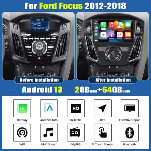 [2+64G] Android 13 Car Stereo for Ford Focus 2012-2018 with Apple Carplay&Android Auto,9 Inch Touch Screen Car Radio with Mirror Link GPS WiFi Bluetooth FM/RDS SWC Dual USB/AUX-in+Backup Camera in Saudi Arabia