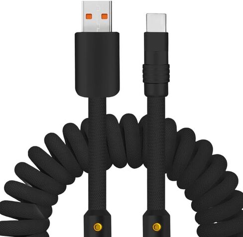 Chubbycable Curly Chubby - كابل شحن زنبركي جديد قابل للتمدد ملفوف USB C كابل للسيارة USB نوع C كابل شاحن قصير قابل للسحب CarPlay، أسود، USB-A إلى النوع C، 2.29FT-3.6FT in Saudi Arabia
