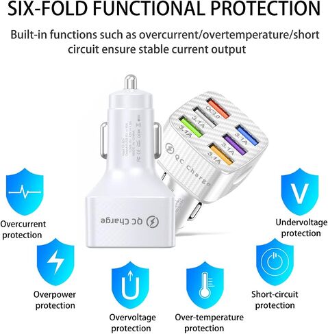Car Charger Adapter, 6 Ports USB QC3.0 Fast Phone Charger, Car Interior Accessories Fit for All Vehicles, Multi-Port Car Phone Charger with LED Light Display for Smart Phone and More (Black) in Saudi Arabia