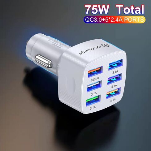 Car Charger Adapter, 6 Ports USB QC3.0 Fast Phone Charger, Car Interior Accessories Fit for All Vehicles, Multi-Port Car Phone Charger with LED Light Display for Smart Phone and More (Black) in Saudi Arabia