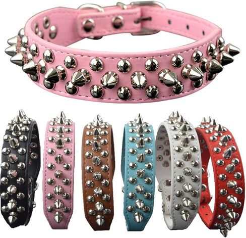 Dogs Kingdom 10"-24" Length Soft Leather Mushrooms Rivet and Spikes Studded Adjustable Buckle Pet Puppy Dog Collar for Small Medium Large Dogs Breeds Pink XL in Saudi Arabia