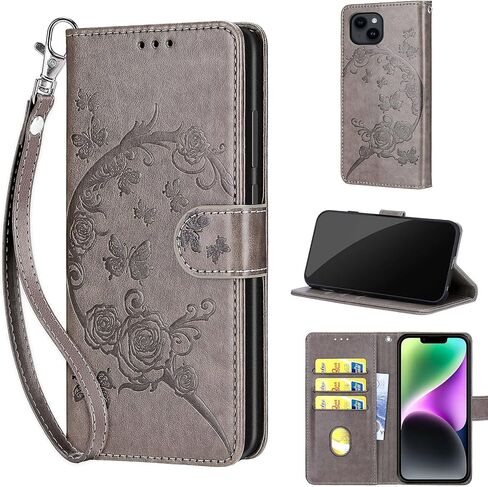 Designed for iPhone 15 Case Wallet,Women Flip Folio Cover with Embossed PU Leather Stand Credit Card Holders Slots Wrist Strap Phone Case for iPhone 15 6.1 Inch (Gray Flower) in Kuwait