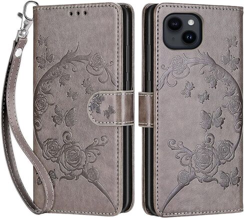 Designed for iPhone 15 Case Wallet,Women Flip Folio Cover with Embossed PU Leather Stand Credit Card Holders Slots Wrist Strap Phone Case for iPhone 15 6.1 Inch (Gray Flower) in Kuwait