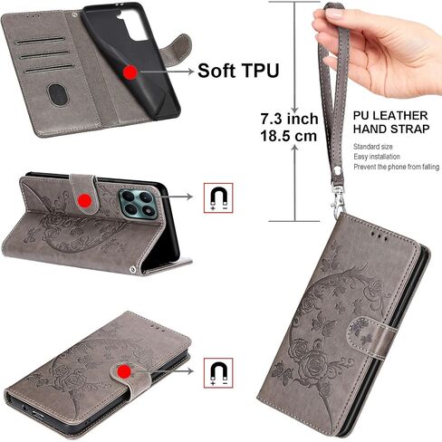 Designed for iPhone 15 Case Wallet,Women Flip Folio Cover with Embossed PU Leather Stand Credit Card Holders Slots Wrist Strap Phone Case for iPhone 15 6.1 Inch (Gray Flower) in Kuwait