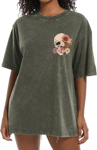 تي شيرت عتيق كبير الحجم للنساء قمصان على شكل جمجمة تيشيرتات ذات هيكل عظمي قوطي جرافيك حمضي تي شيرت فضفاض تي شيرت برقبة دائرية in Kuwait