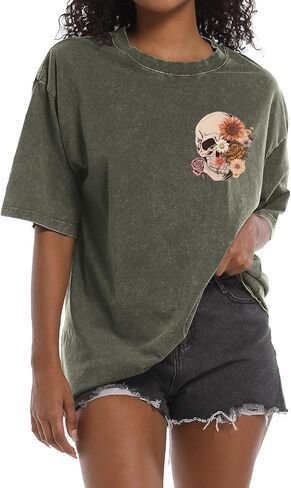 تي شيرت عتيق كبير الحجم للنساء قمصان على شكل جمجمة تيشيرتات ذات هيكل عظمي قوطي جرافيك حمضي تي شيرت فضفاض تي شيرت برقبة دائرية in Kuwait