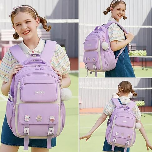 AO ALI VICTORY Backpack for Girls Set with Pencil Case 15.6 Inch Laptop School Bag Cute Kids Elementary College Backpacks Large Bookbags for Women Teens Students Anti Theft Travel Daypack - Purple in Kuwait