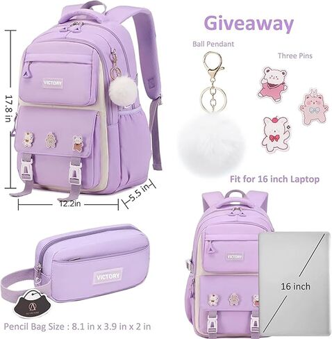 AO ALI VICTORY Backpack for Girls Set with Pencil Case 15.6 Inch Laptop School Bag Cute Kids Elementary College Backpacks Large Bookbags for Women Teens Students Anti Theft Travel Daypack - Purple in Kuwait