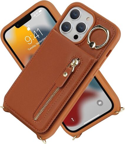 حافظة هاتف Jaorty لهاتف iPhone 13 Pro Max مع حزام، حافظة لهاتف iPhone 12 Pro Max مع حامل بطاقة للنساء، حافظات طويلة تمر بالجسم مع جيب بسحاب وحامل حلقة مقاس 6.7 بوصة، بني in Saudi Arabia